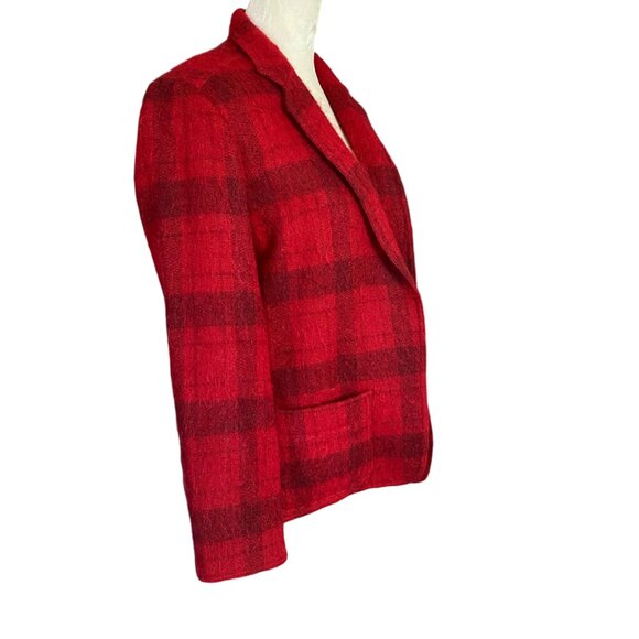 Liz Claiborne women's red with faded black checkered long open front blazer sz 6 - Picture 2 of 11